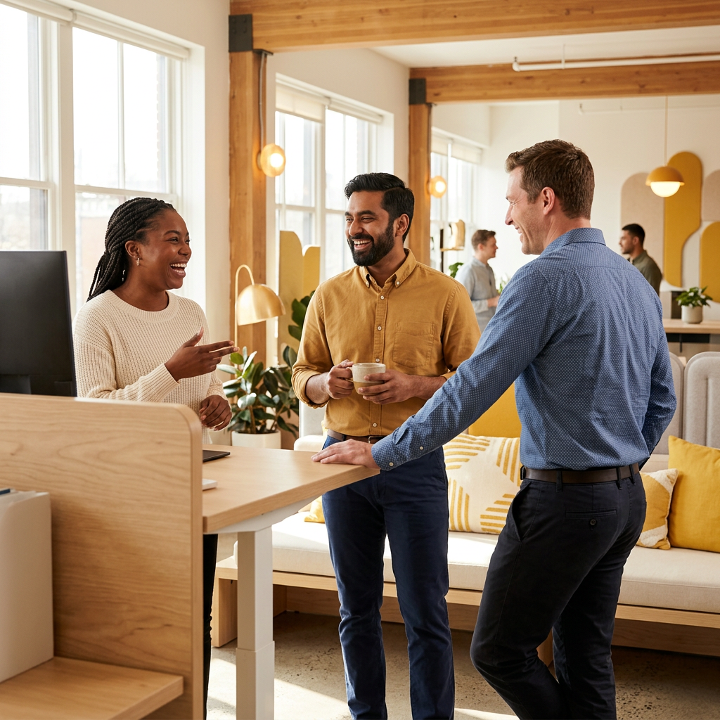Diverse team laughing together at standing desk