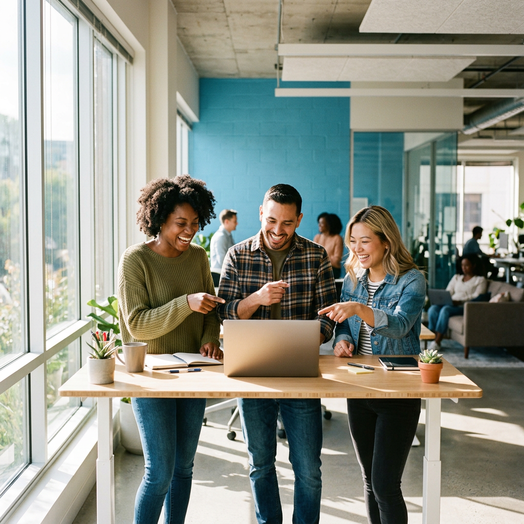 Diverse team collaborating and laughing together at work