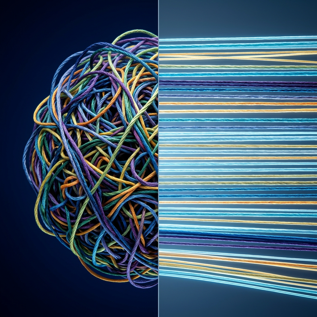 Visual metaphor of tangled threads becoming organized