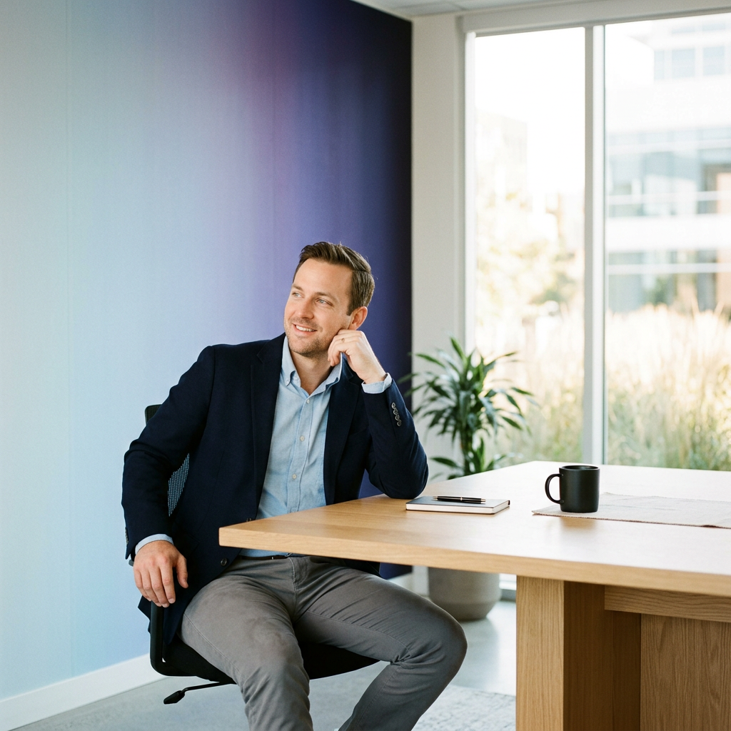 Calm founder at organized desk with clear desk space