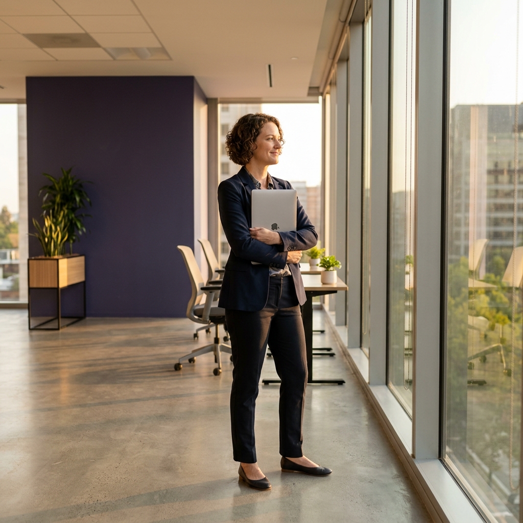 HR professional standing confident and unburdened in modern office
