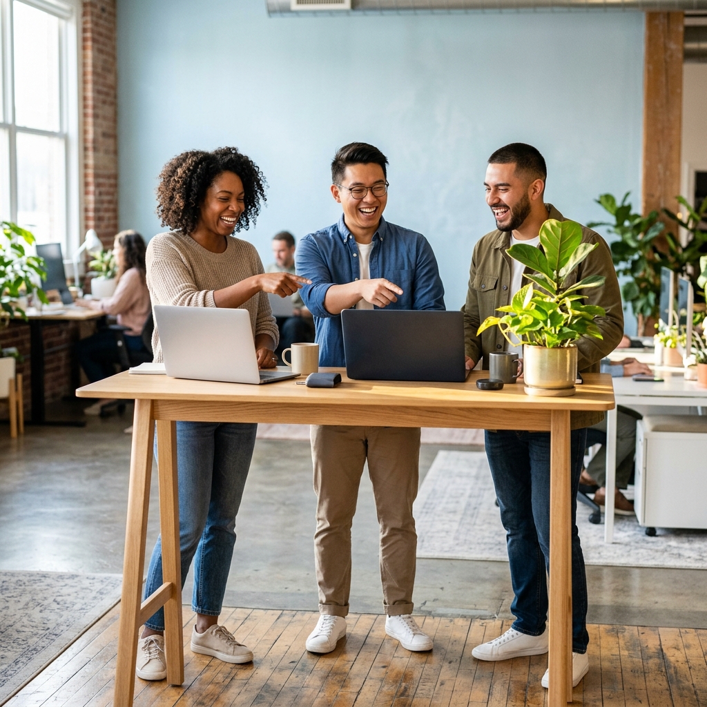 Small team collaborating freely in modern startup workspace