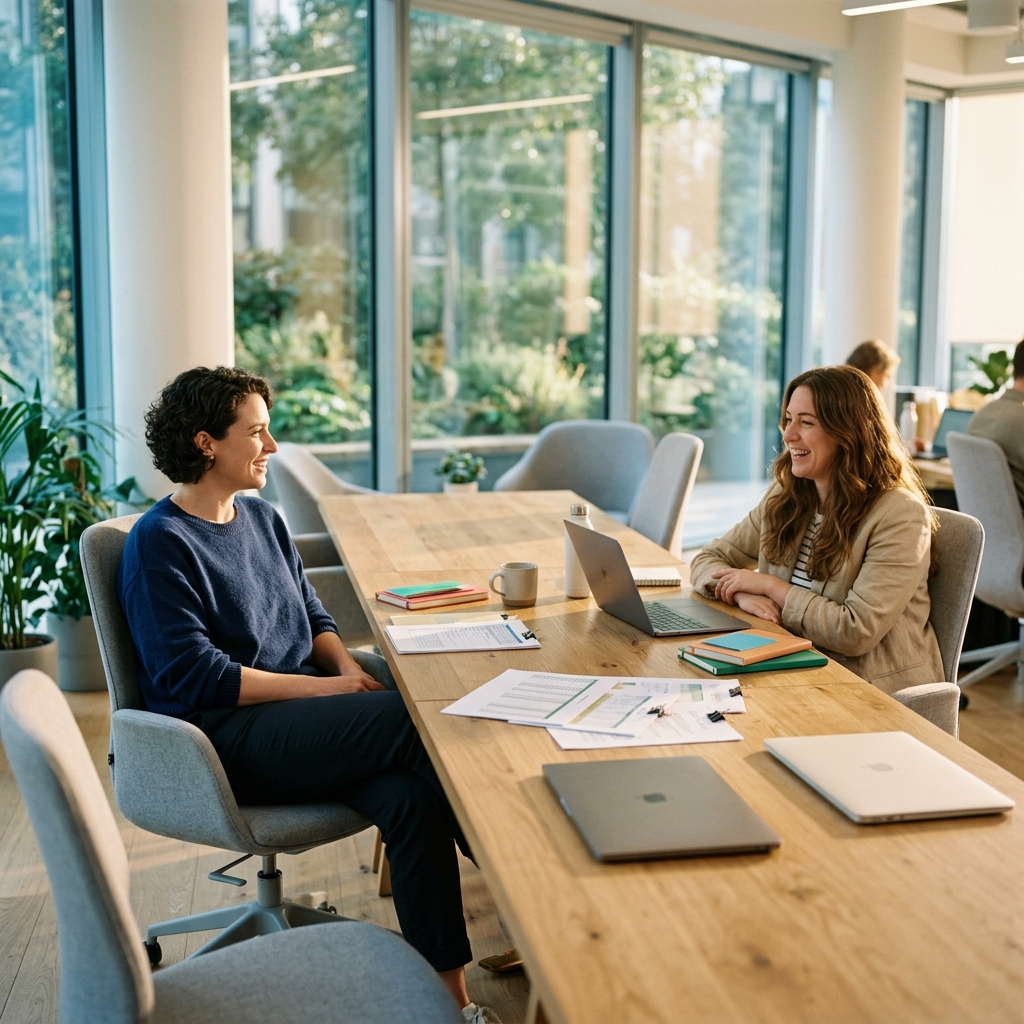 Relaxed team conversation in bright office