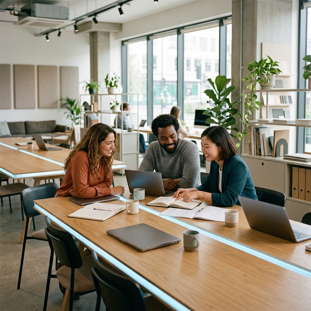 Team collaborating around table in bright office