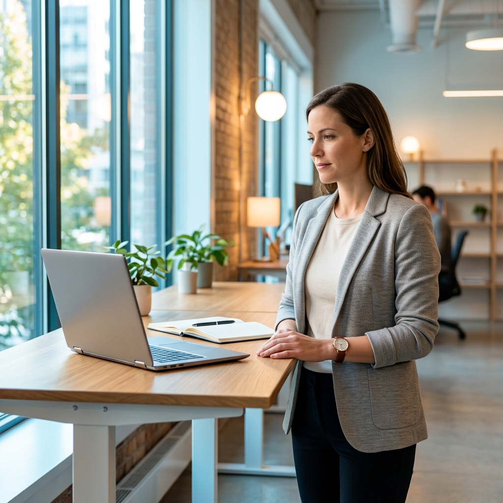Professional at standing desk in natural light workspace