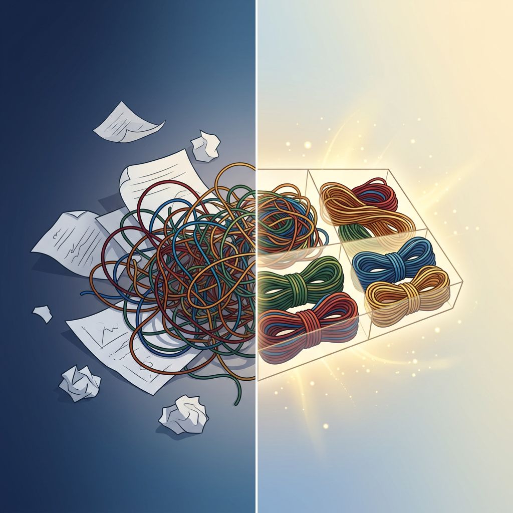 Tangled threads transforming into organized structure