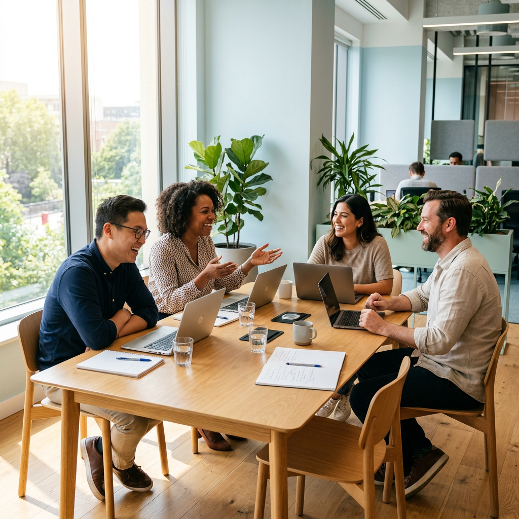 Four team members laughing together at wooden table