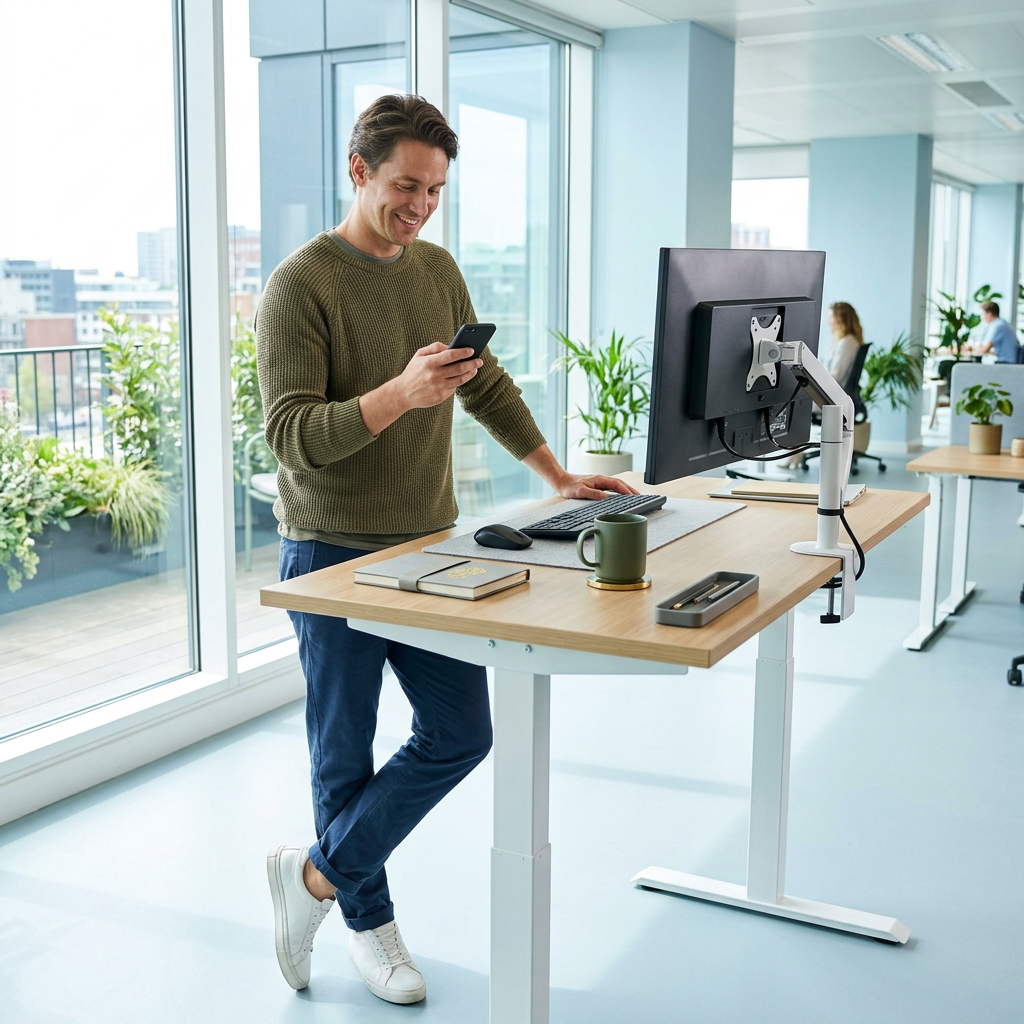 Team member casually checking phone at bright standing desk