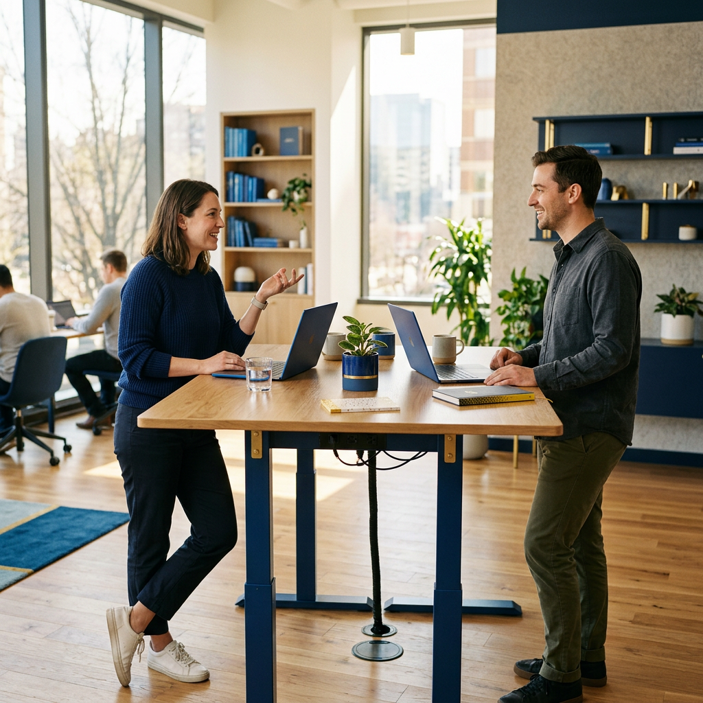 Founder and operations lead in casual conversation at desk
