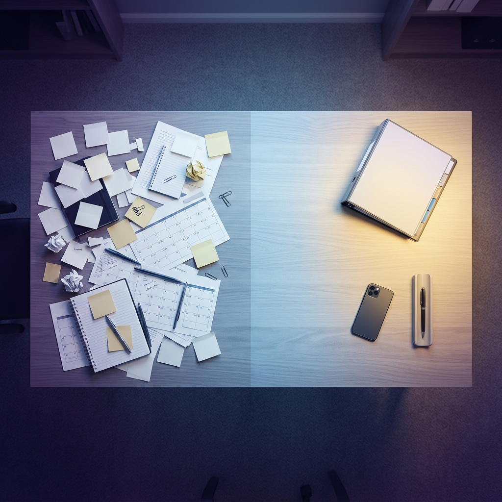 Messy desk transforming into organized workspace