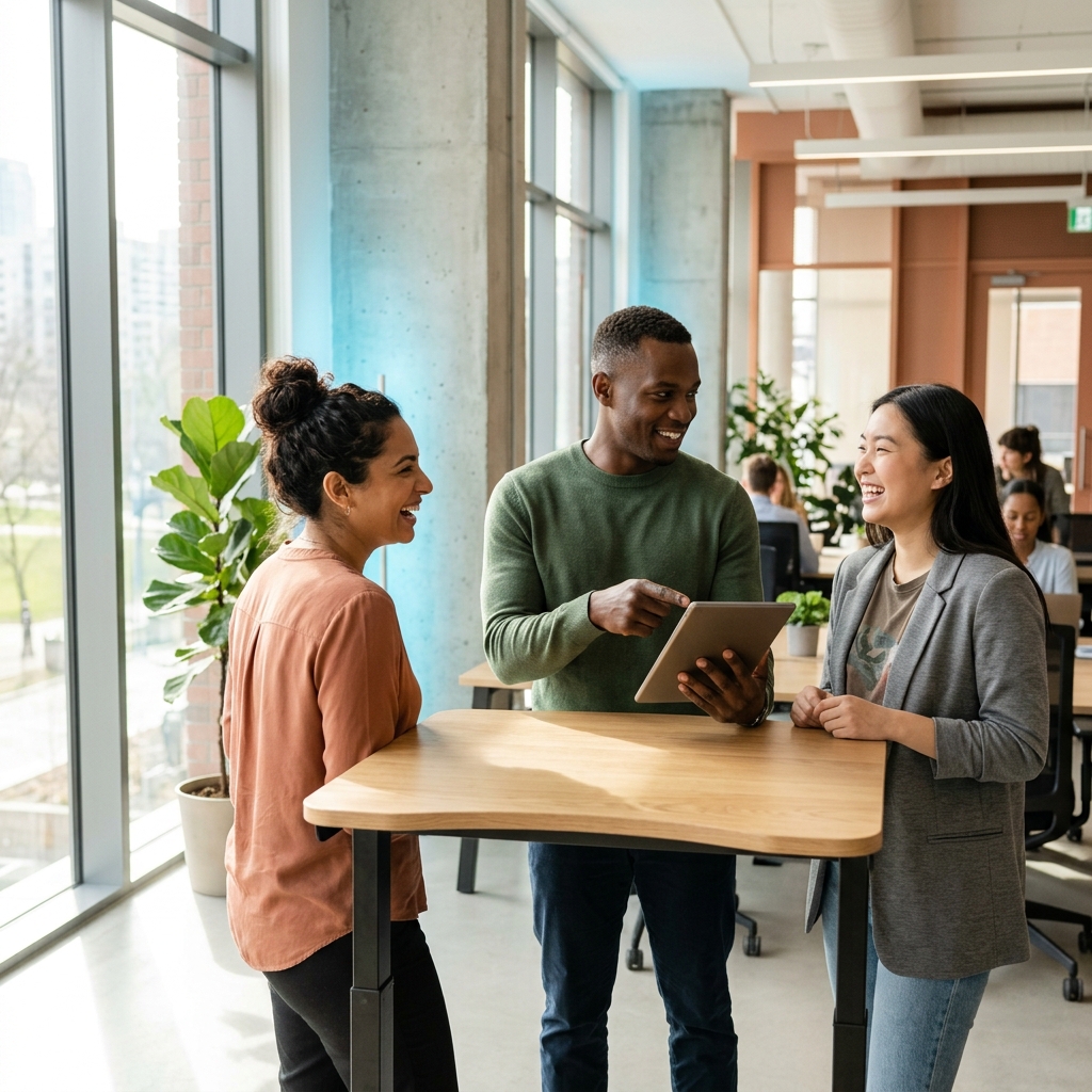 Diverse team collaborating at standing desk