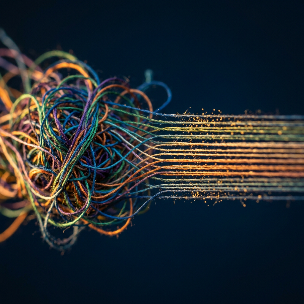 Tangled threads organizing into neat rows