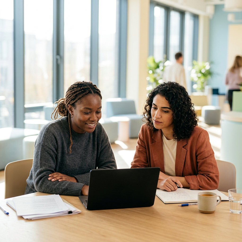 Two business leaders reviewing employee records together