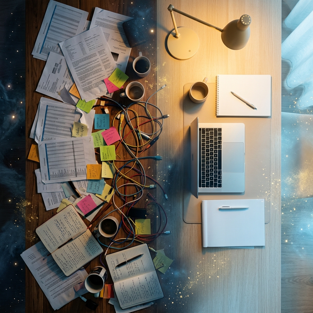 Transformation from scattered paperwork to organized workspace