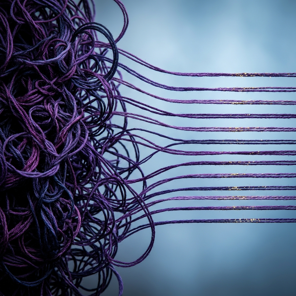 Tangled threads untangling into organized parallel lines