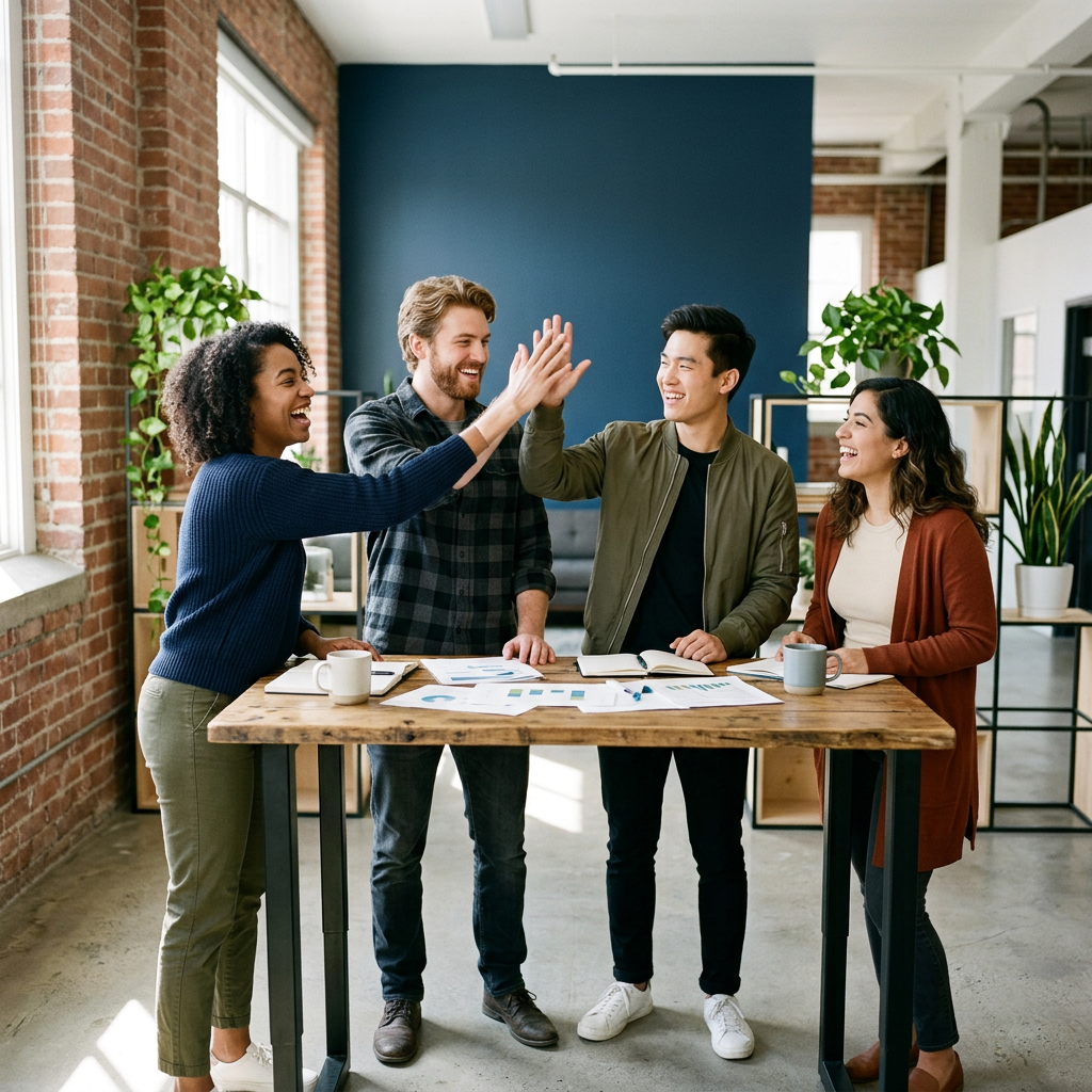 Small startup team celebrating momentum and progress