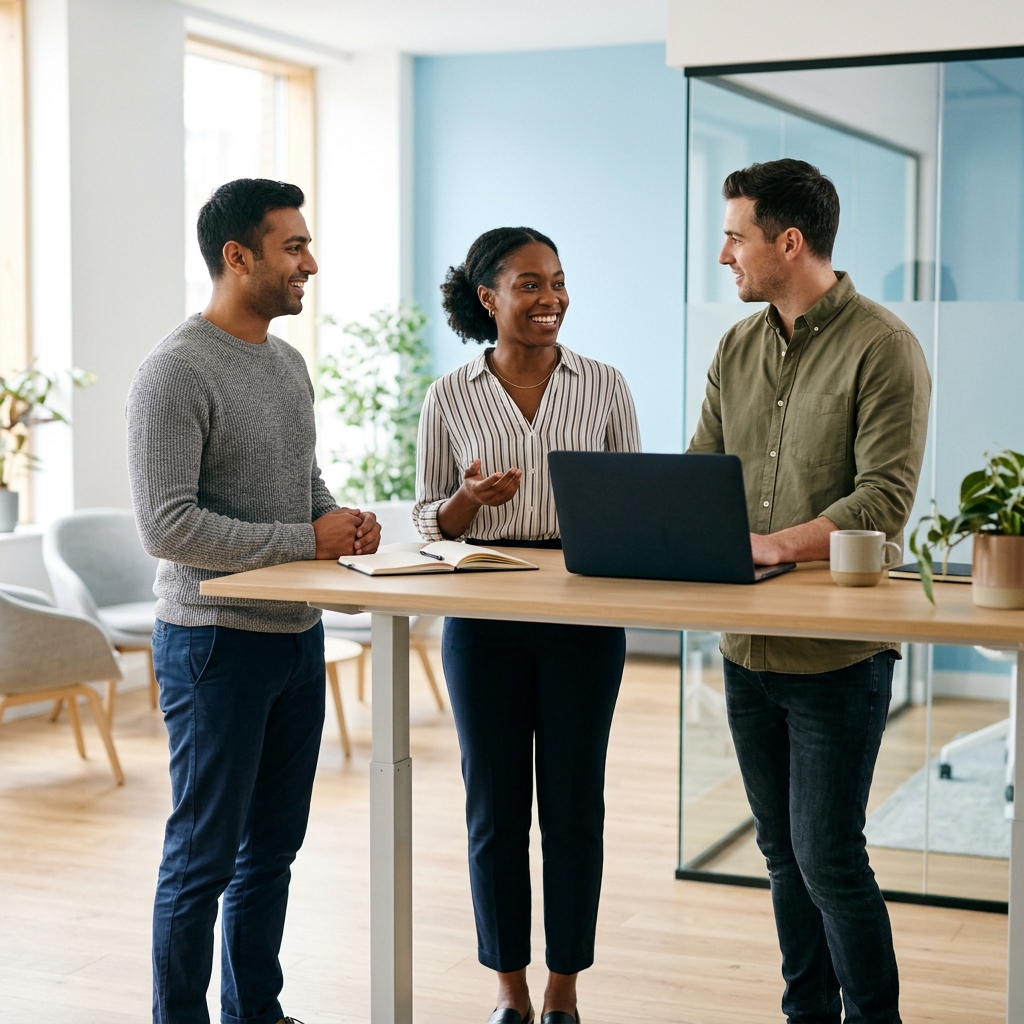 Diverse team collaborating effortlessly in modern workspace