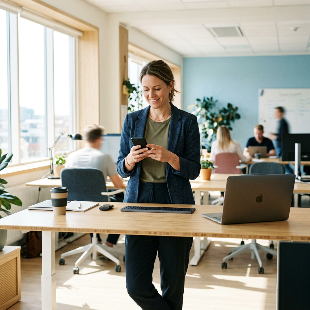 Professional checking phone at standing desk