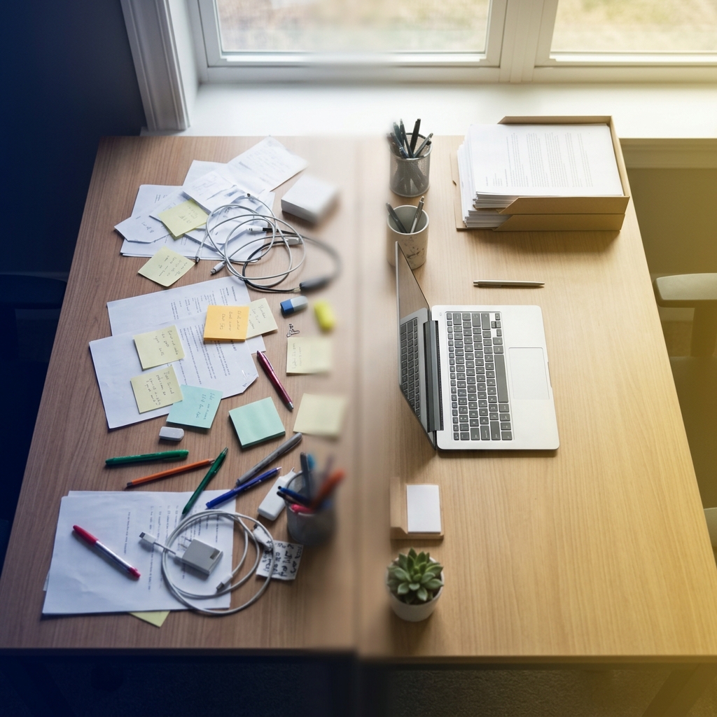 Messy desk organizing into clear workspace