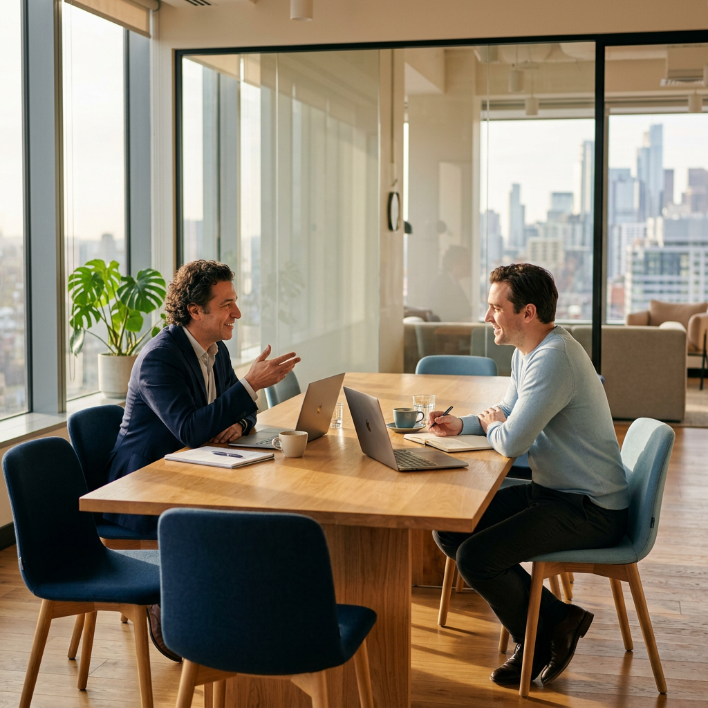 Two team leaders discussing strategy at a modern workspace