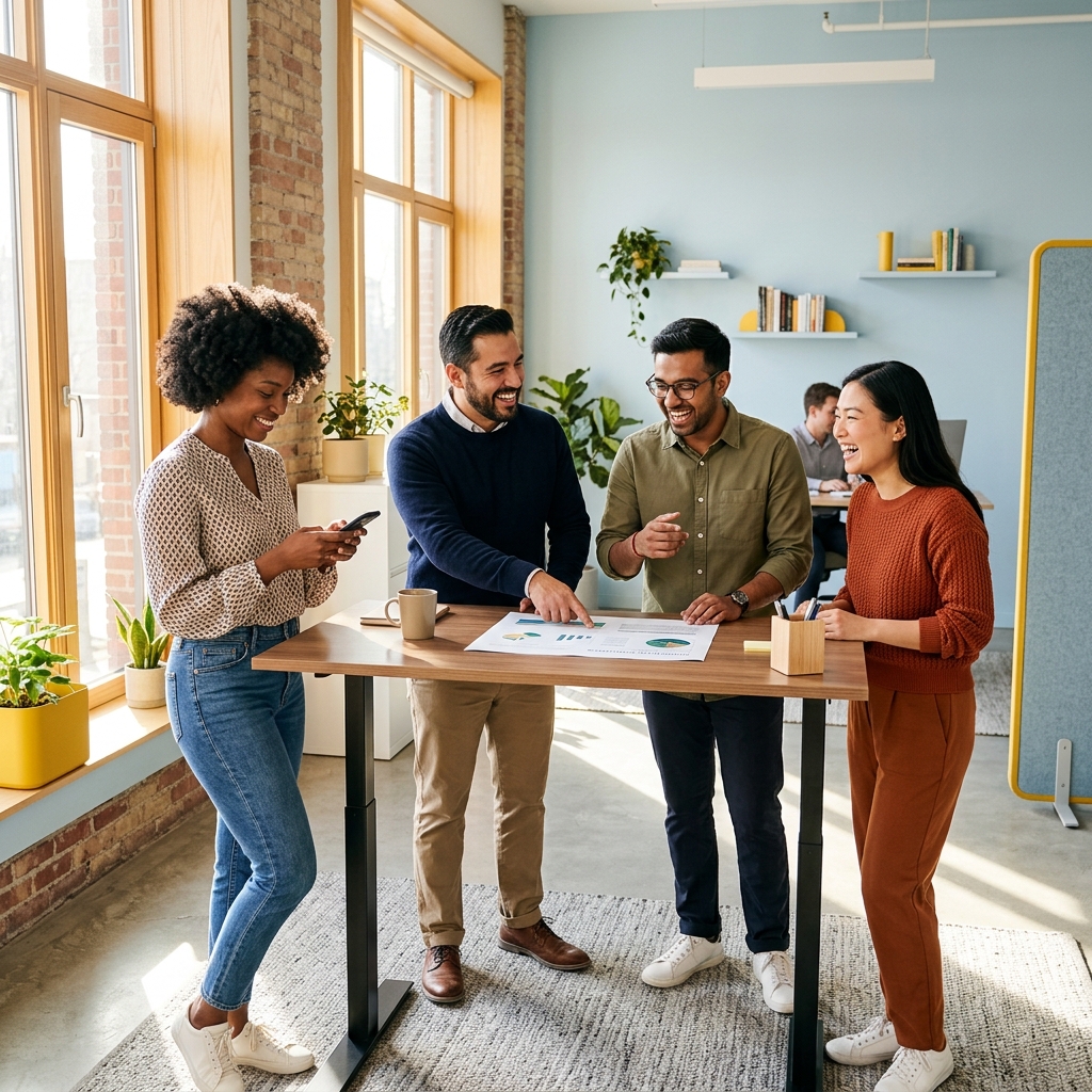 Small diverse team laughing together during collaborative work moment