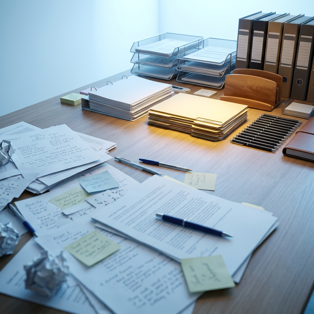 Scattered papers transforming into organized filing system