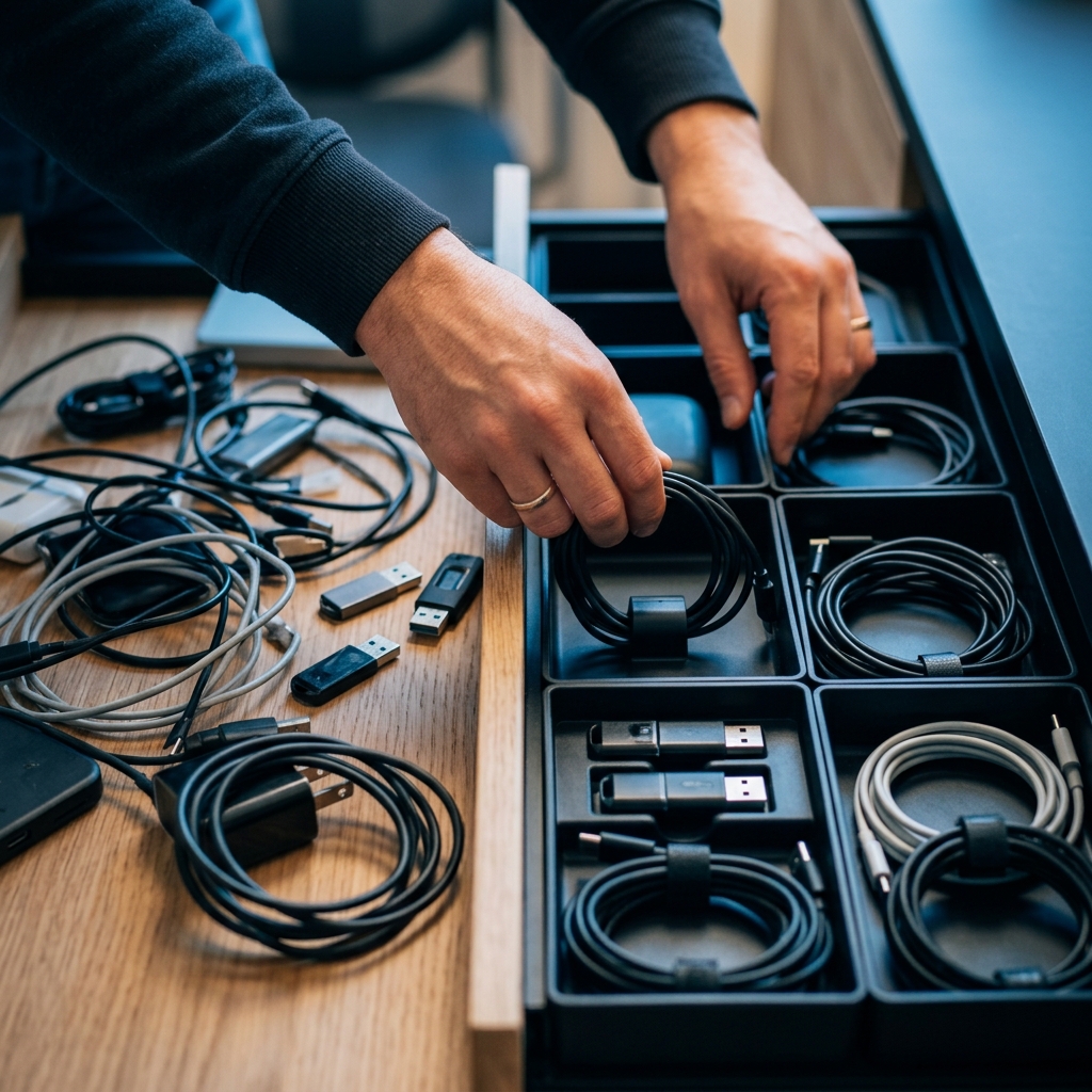 Organizing scattered tech equipment into orderly compartments