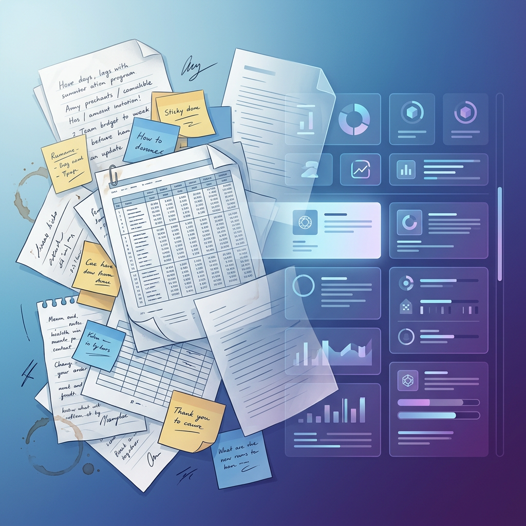 Spreadsheet chaos transforming into organized clarity