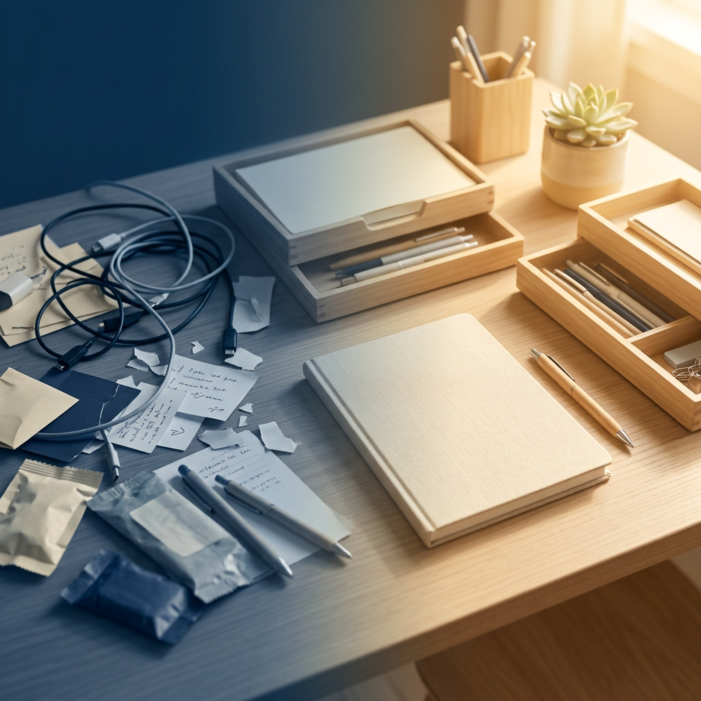Desk transitioning from cluttered to organized workspace