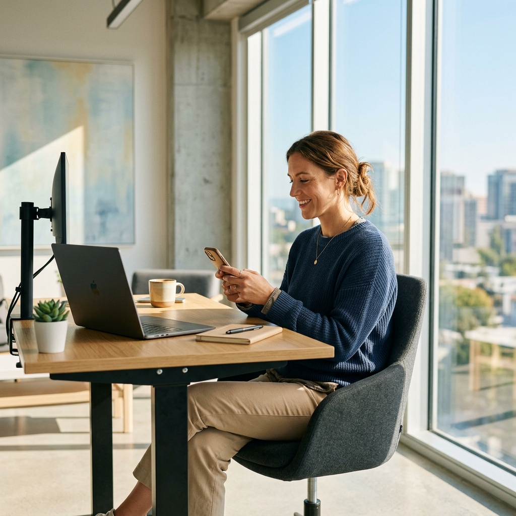 Professional casually checking phone at standing desk