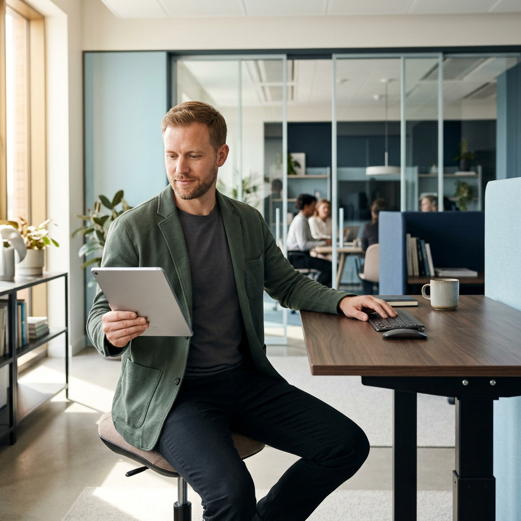 Professional reviewing information at standing desk