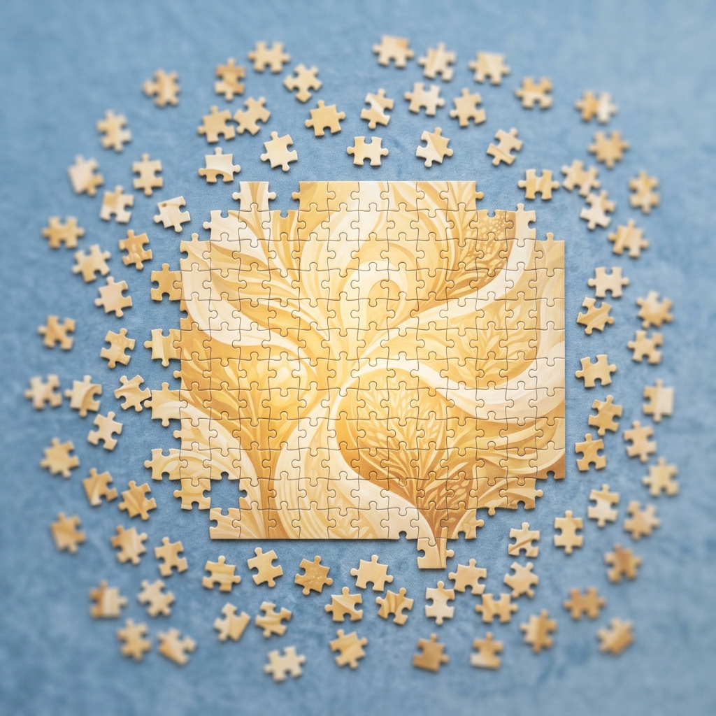 Puzzle pieces assembling into a complete picture