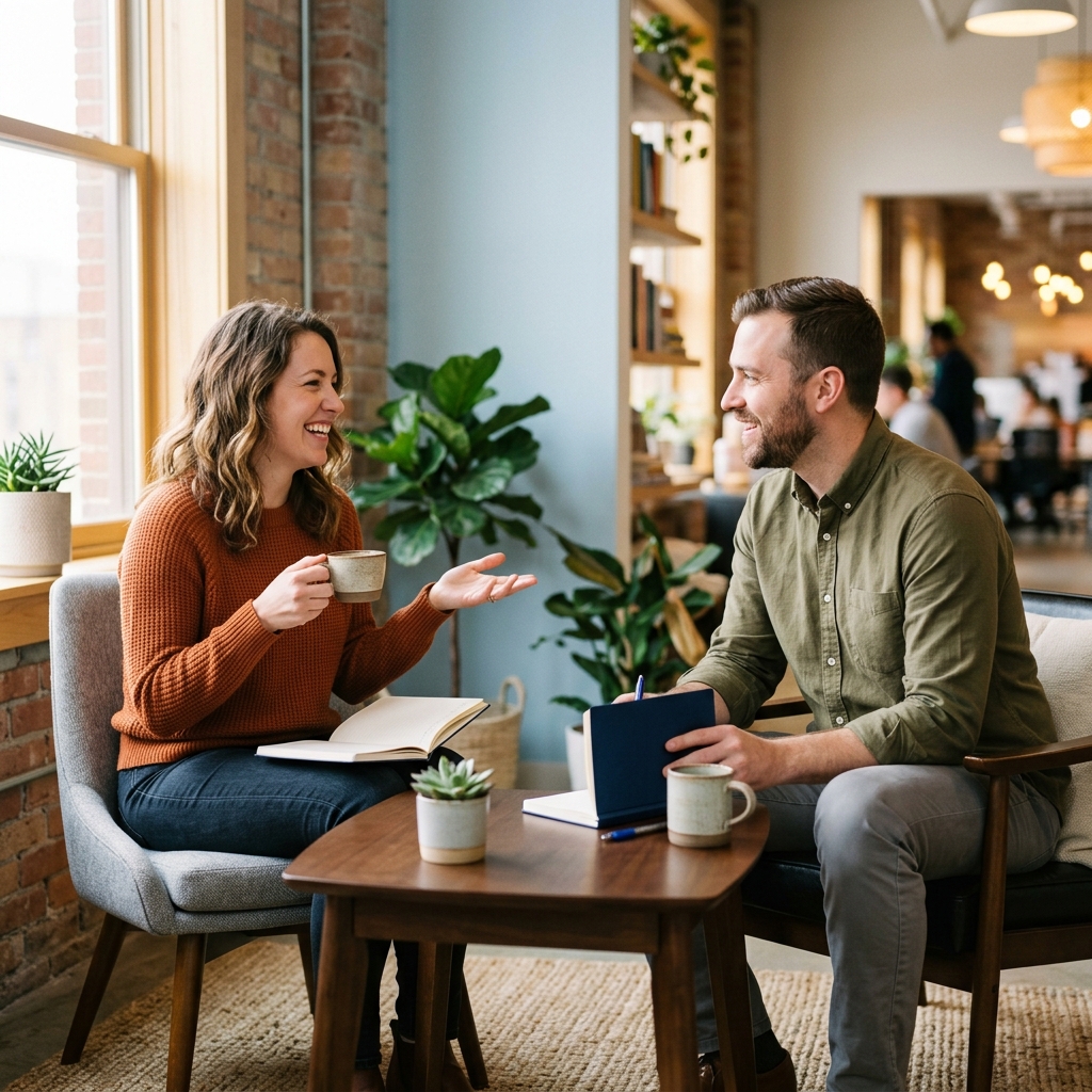 Founder and HR lead having relaxed conversation
