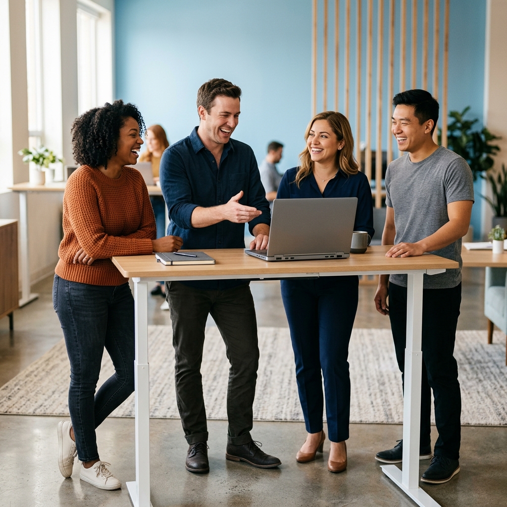 Small team collaborating and laughing at standing desk