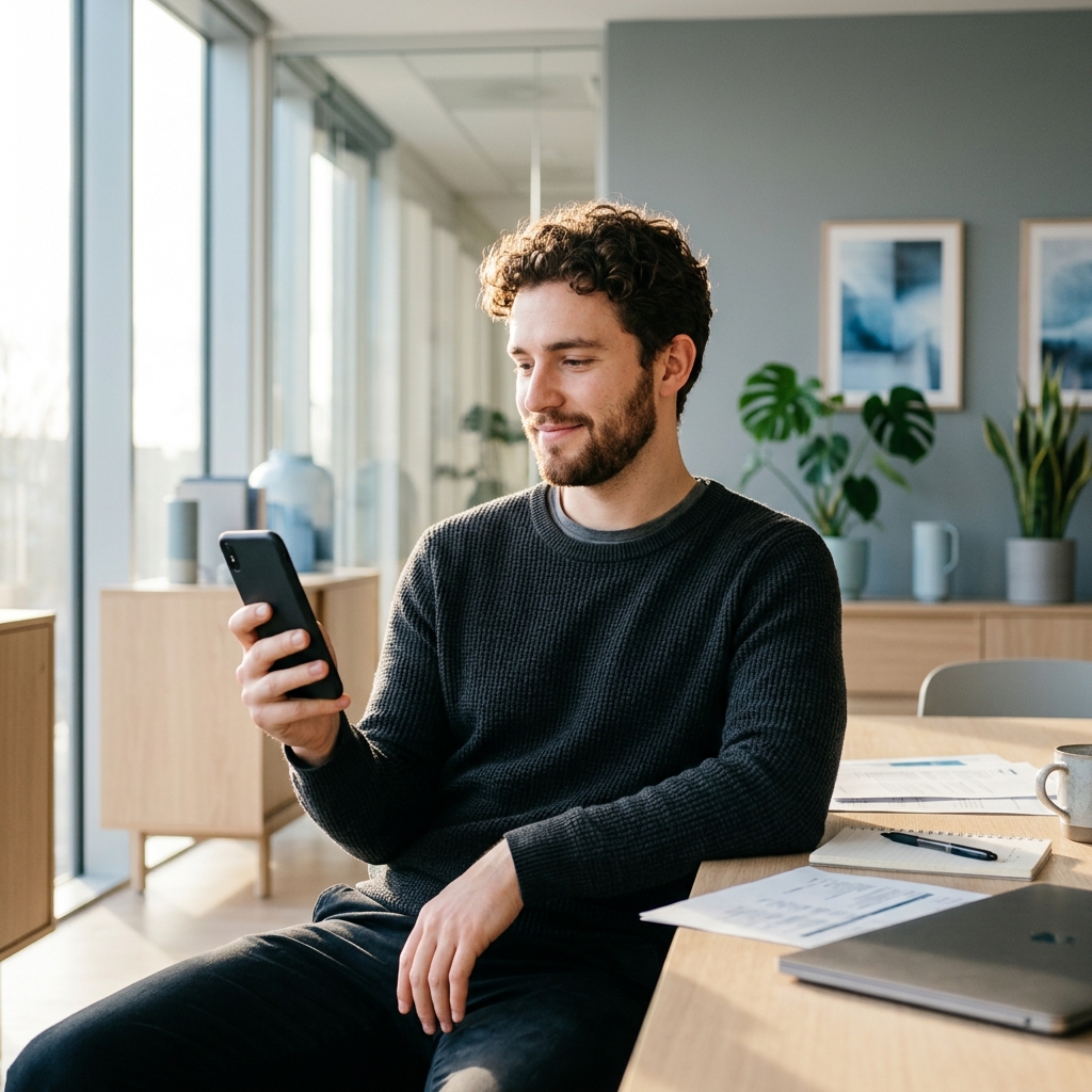 Founder confidently managing HR from mobile device