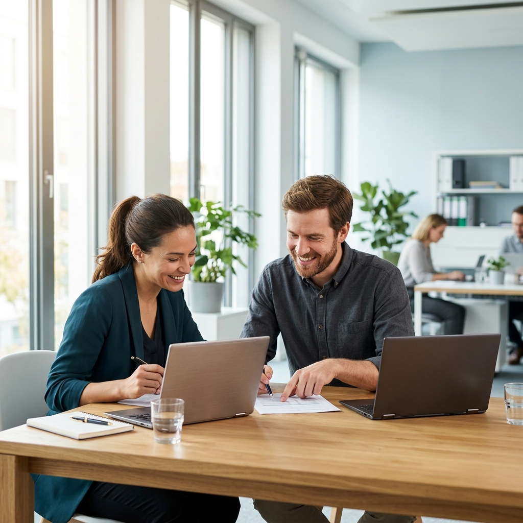 Founder and ops lead collaborating at desk