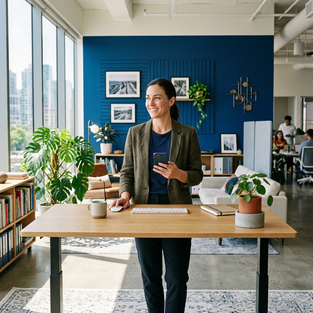 Professional checking mobile device at standing desk
