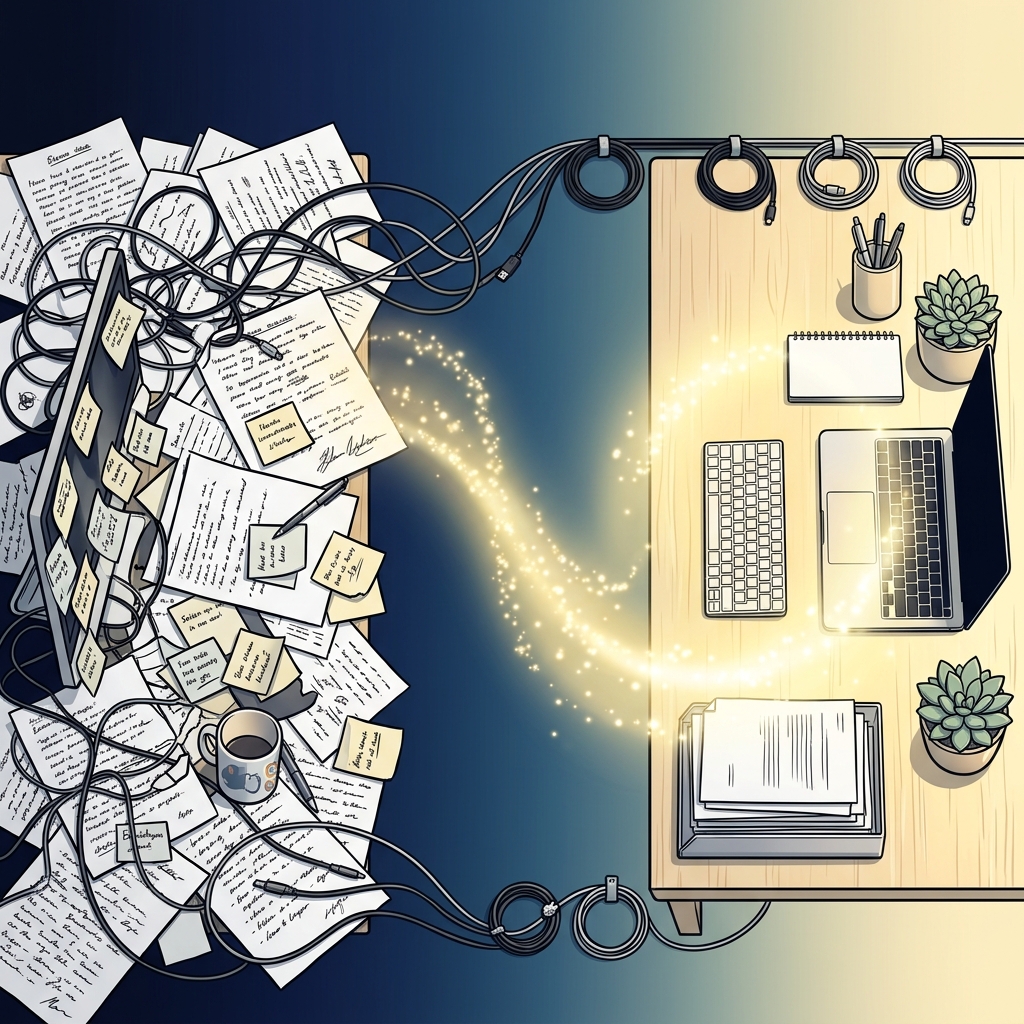 Desk transforming from chaos to organized clarity
