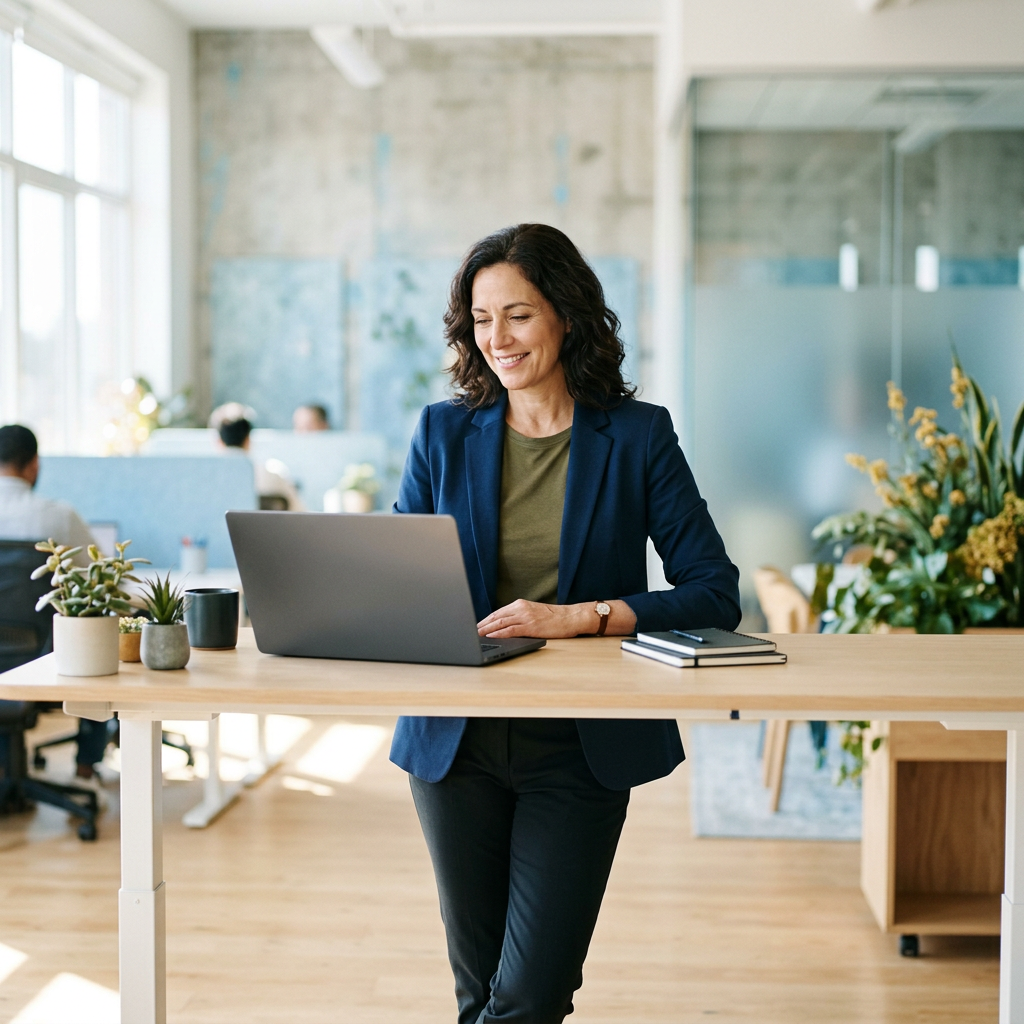 Professional confidently working at standing desk