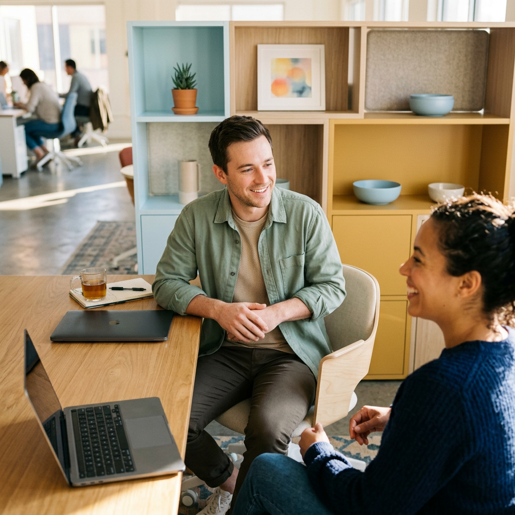 Founder and HR lead having relaxed conversation