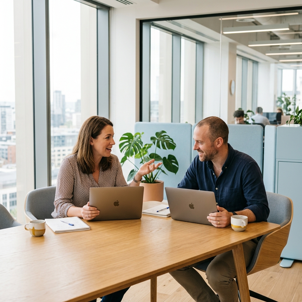Founder and ops lead discussing growth in bright office