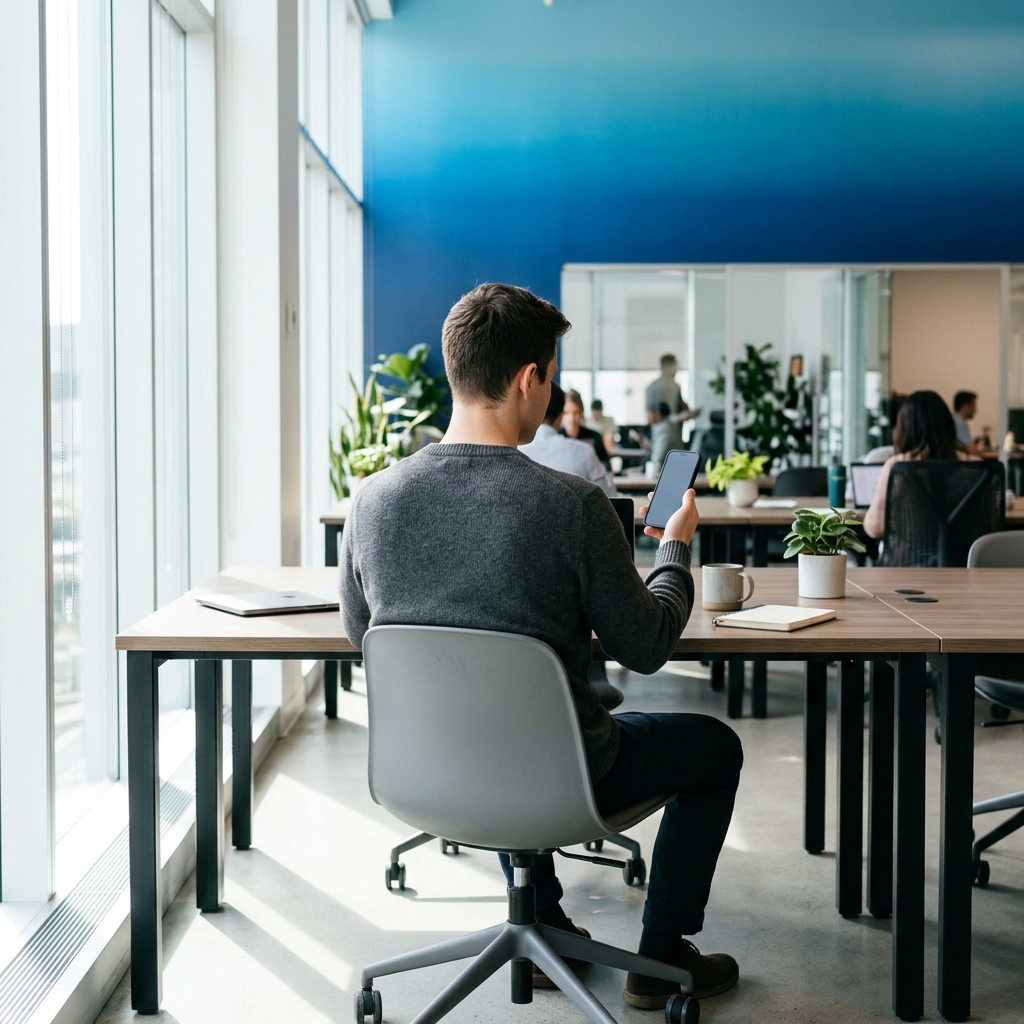 Team member checking phone at organized desk workspace
