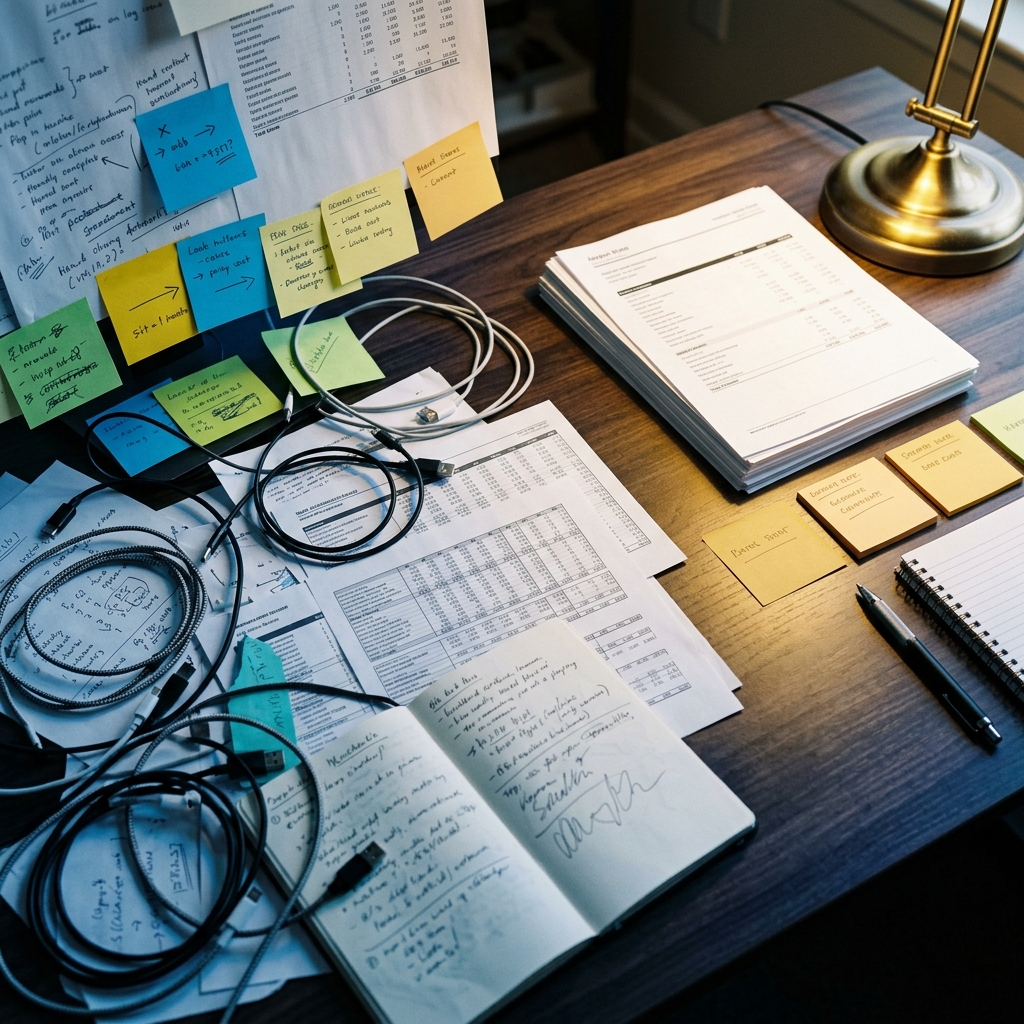 Transition from scattered papers to organized workspace