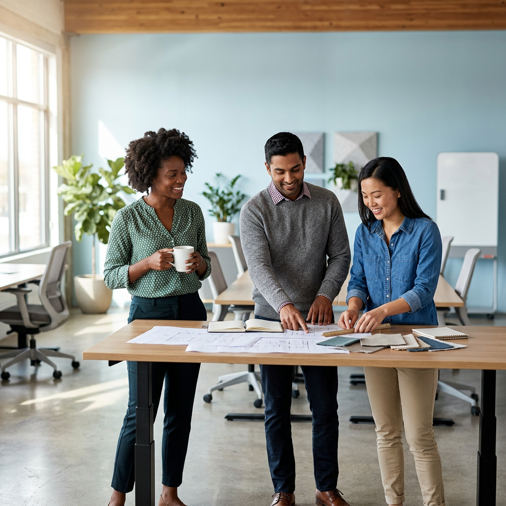 Small diverse team collaborating at standing desk