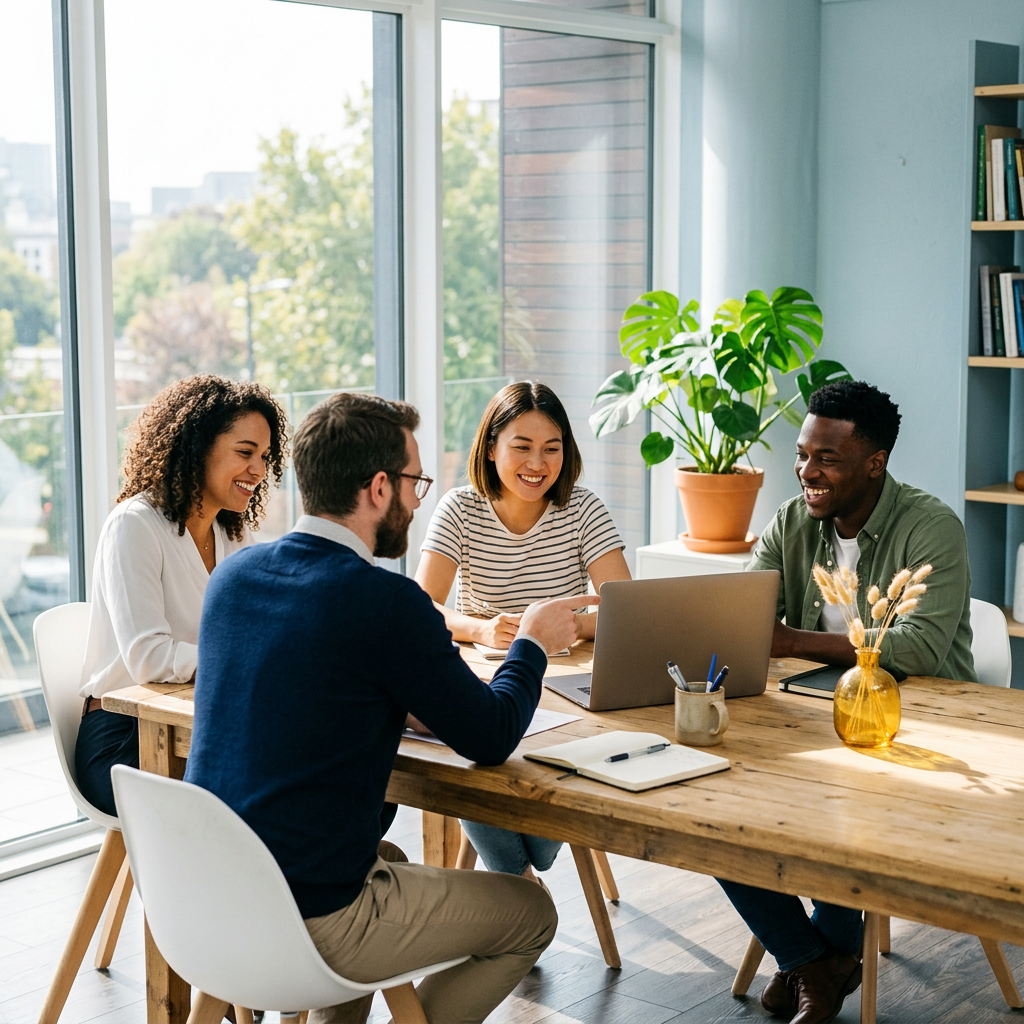Small team collaborating around laptop in bright office