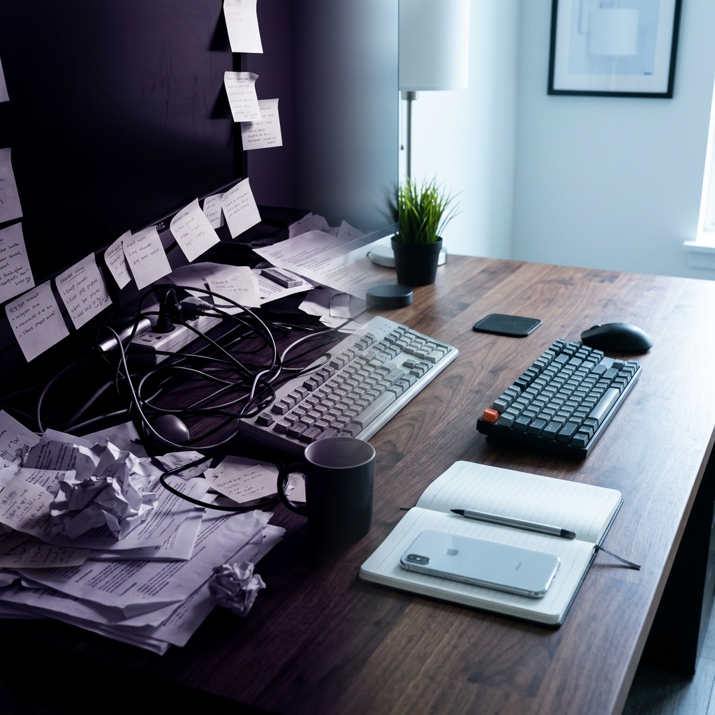 Before and after desk transformation from chaos to organization