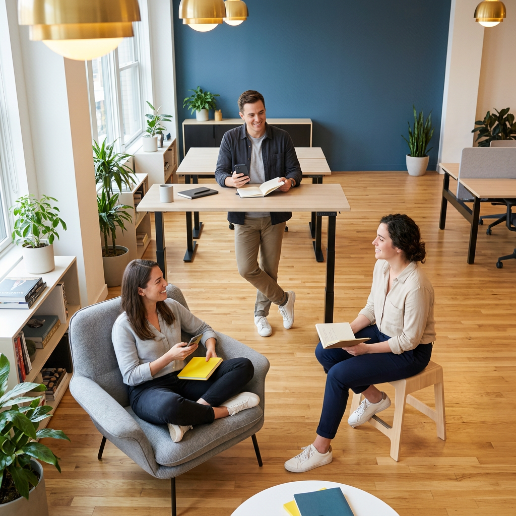 Diverse team in relaxed postures across modern office layout