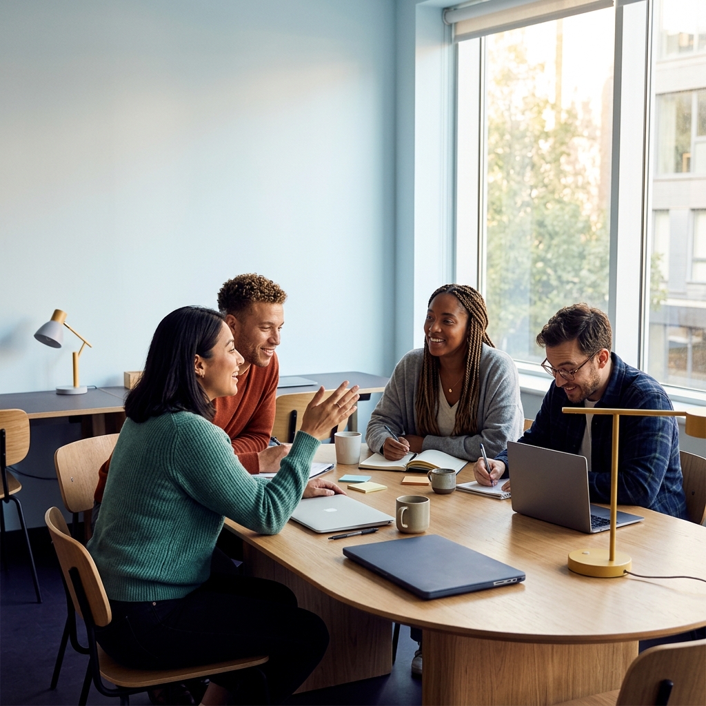 Small team collaborating energetically around a table