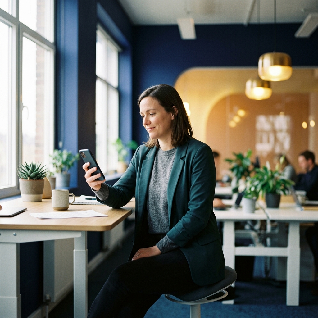 Operations lead checking phone at standing desk