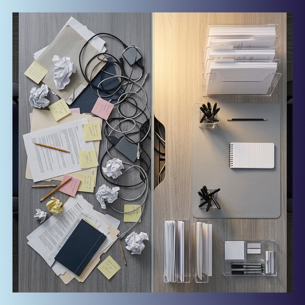 Messy desk transitioning to organized workspace